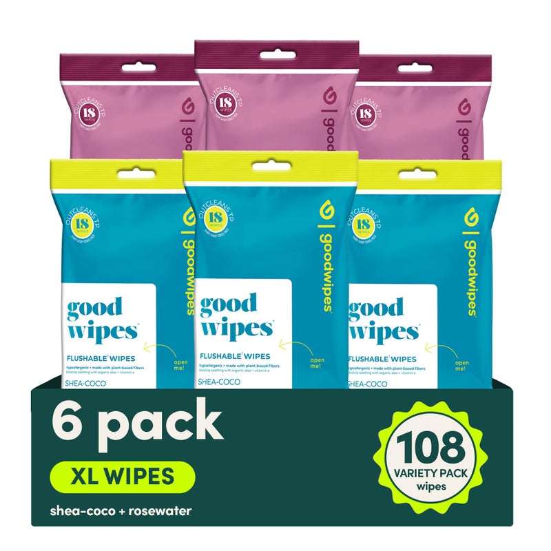 goodwipes Flushable Wipes Travel Size Extra Large Adult Wet Wipe OntheGo Portable Wipes Sewer Septic Safe Hygiene Essentials Shea Coco Rosewater 108 Count 6 Packs